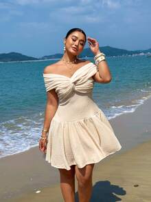 Sunnyshic Vestido ajustado plisado con hombros descubiertos de talla grande - Albaricoque - Ver 4