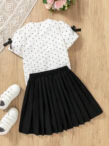 SHEIN Girls Elegant All-Match Versatile Crew Neck Short Sleeve Knit T-Shirt + Woven Pleated Skirt 2-Piece Set - Black - View 2