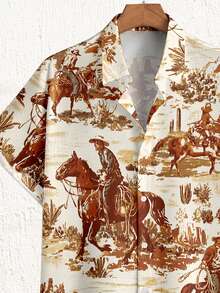 Azurnel Wild West Desert Cowboy Riding Horse Print Casual Slim Fit Short Sleeve Polo Shirt For Men - Khaki - View 3