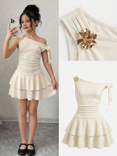 Firerie Kids Firerie Kids Tween Girl Casual Asymmetric Neck Ruched Cake Dress With Metal Rose Decor, Elegant Princess, Formal Wear, Sibling Outfit, Party Dress, Birthday Sister Outfit, Suitable For Girls Daily Wear, Festivals, Family Gatherings And Special Occasions, Sibling Style, Spring/Summer, Vacation, Cute, Elegant, Sweet, Retro, Fashionable. Matching For Mom And Daughter, Sisters Mothers Day Outfit Graduation Suitable For Spring & Summer Daily, Outing, Vacation, Holiday Wear, Stylish Girls, Casual Wear, New Style, Homecoming, Chill Vibe Outfits, Back To School, Girly Style T Shirt