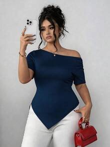Elenzga Áo thun ngắn tay mùa hè dành cho nữ cỡ lớn, kiểu dáng thanh lịch, sang trọng, có bèo nhún ở vai và vạt áo bất đối xứng, thích hợp cho công sở. - Màu xanh hải quân - Xem 4