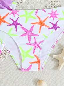 Young Girls Printed Swimwear, Ruffled Trim, 3 Pieces Set - Purple - View 4