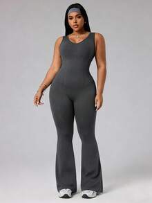 Rhythm Era Plus Size Women's Minimalist Solid Color Backless Shapewear Breathable Comfortable Flared Jumpsuit - Dark Grey - View 3