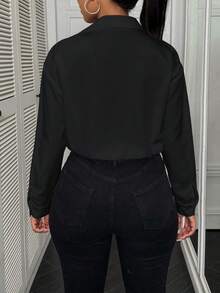 Airaco Casual Loose Open Front Printed Long Sleeve Shirt Bodysuit For Women - Black - View 2