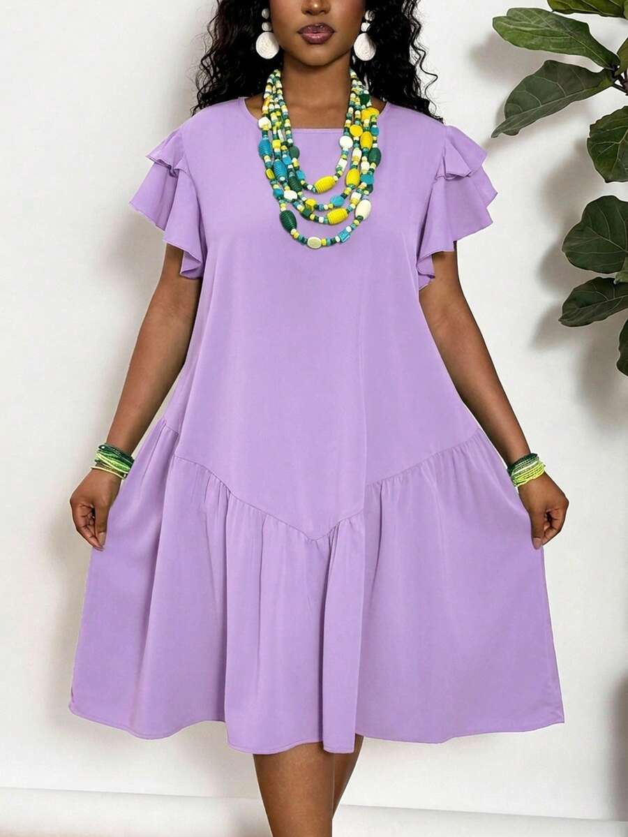 Slaydiva Vestido Verde Romântico de Verão/Primavera para Passeio, Gola Redonda, Linha A, Comprimento no Joelho, Manga Sino, Bainha com Babados, Plus Size - Malva - Visão 1