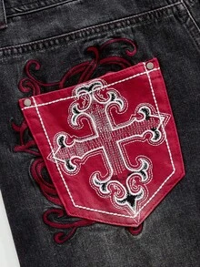 ROMWE MEN Street Life Men's Embroidered Pattern Loose Denim Shorts - Black - View 2