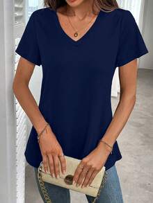 EMERY ROSE Plus Size Solid Half Sleeve Casual V Neck T-Shirt For Summer - Navy Blue - View 3