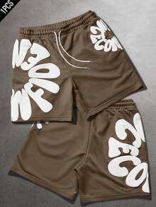 SLATEMANN Men's Letter Print Drawstring Waist Casual Versatile Daily Wear Shorts - Coffee Brown - View 1