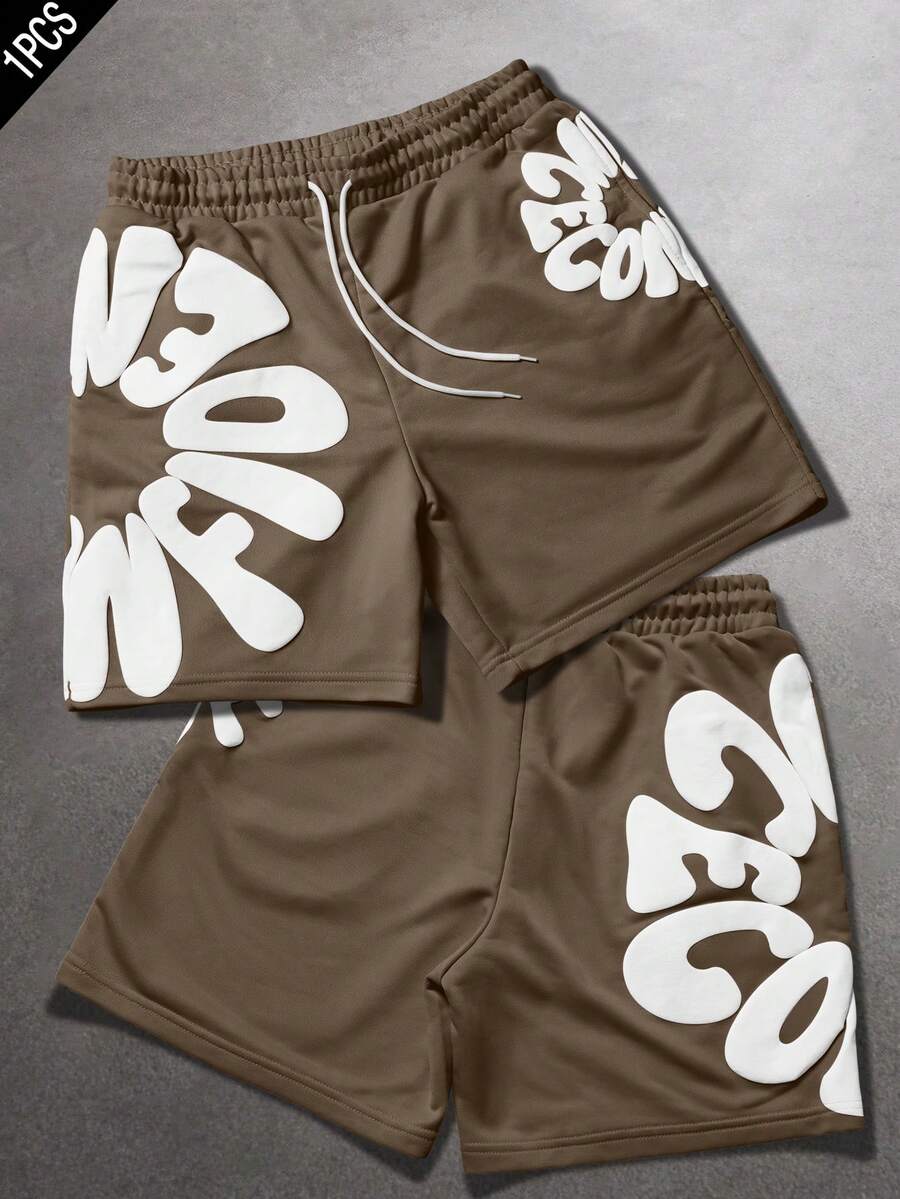 SLATEMANN Men's Letter Print Drawstring Waist Casual Versatile Daily Wear Shorts - Coffee Brown - View 1