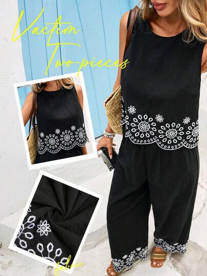 Vivid Eden 2 piezas Conjunto de top de tirantes y pantalones largos de algodón 100% con bordado floral para mujer, conjunto de ropa de estar en casa, conjunto de verano para mujer, atuendo de playa para mujer, atuendo de vacaciones, ropa de verano para mujer, ropa bohemia para mujer, conjunto negro para mujer, atuendo de dinero viejo para mujer, atuendo de aeropuerto para mujer, atuendo de viaje para aeropuerto, conjunto de dos piezas para vacaciones, ropa de otoño, atuendo de maestra para mujer
