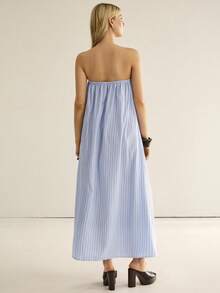 SURIMA Women Blue And White Stripe Strapless Maxi Dress With Pockets, Summer Casual Tropical Vacation Holiday Elegant Dresses Beach - Blue - View 2