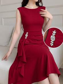 SHEIN 少女红色优雅褶皱荷叶边装饰无袖连衣裙 - 酒紅色 - 查看 3