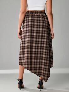 SHEIN Tall CURVE 大码休闲复古不对称下摆格子裙 - 棕色 - 查看 2