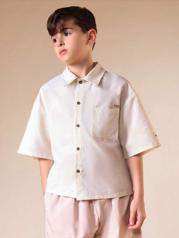 Boys Boxy Fit Short Sleeve Button Up Collared Shirt With Chest Pocket Plain Casual Summer Top