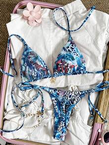 Swim Mod Women's Random Floral Print Halter Metal Jewelry Bikini Set, Spring/Summer Bikinis Set For Women Push Up Swimwear Elegant - Multicolor - View 4