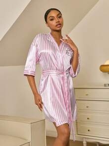 Betty Boop x SHEIN Women's Striped Cartoon Pattern Casual Loungewear Robe - Pink - View 6