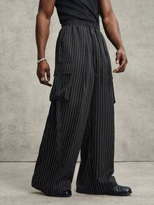 PAVTROS Men's Casual Striped Button Pocket Loose Pants Wide Leg - Black - View 5