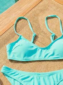 SHEIN Swim 2件套女士时尚可爱度假性感沙滩/泳池/派对纯色黑色可调节细肩带超细比基尼泳衣套装 - 霧霾藍 - 查看 5