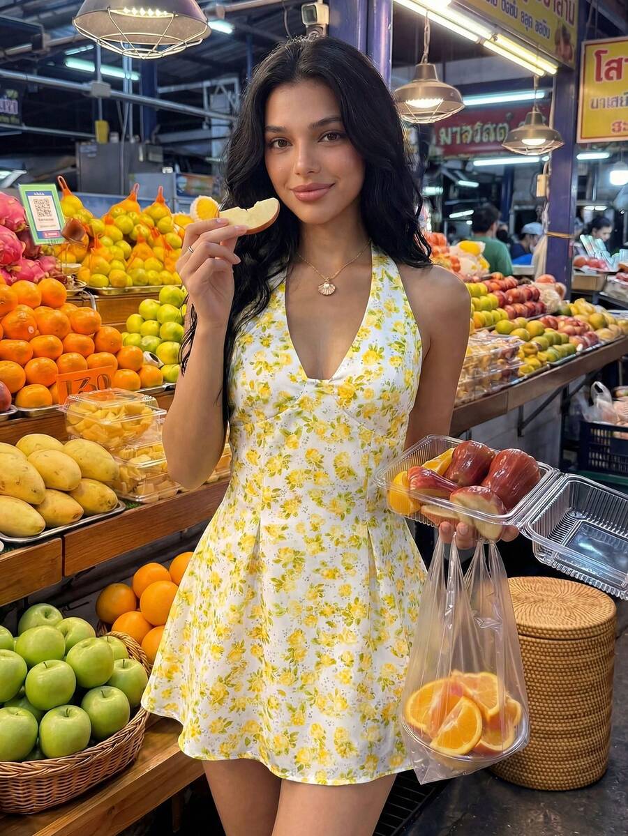 Sweetina Đầm ngắn ôm eo in hình bướm, cổ yếm - Màu vàng - Xem 1