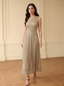 ZEYLAH SOLID RUCHED WAIST PLISSE DRESS,SUMMER OUTFITS - Apricot - View 6