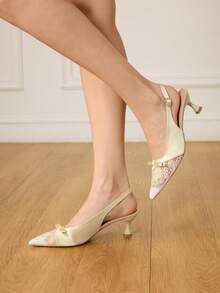 CUCCOO HITCHD Giày nữ, giày cao gót màu mơ, ren satin, kiểu slingback, có nơ, thích hợp cho tiệc tùng, đám cưới hoặc làm phù dâu. - Màu be - Xem 4