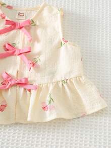 Cozy Pixies Baby Girl Floral Print Contrast Color Bow Decor Sleeveless Top And Elastic Waist Shorts 2Pcs Set - Pink - View 6