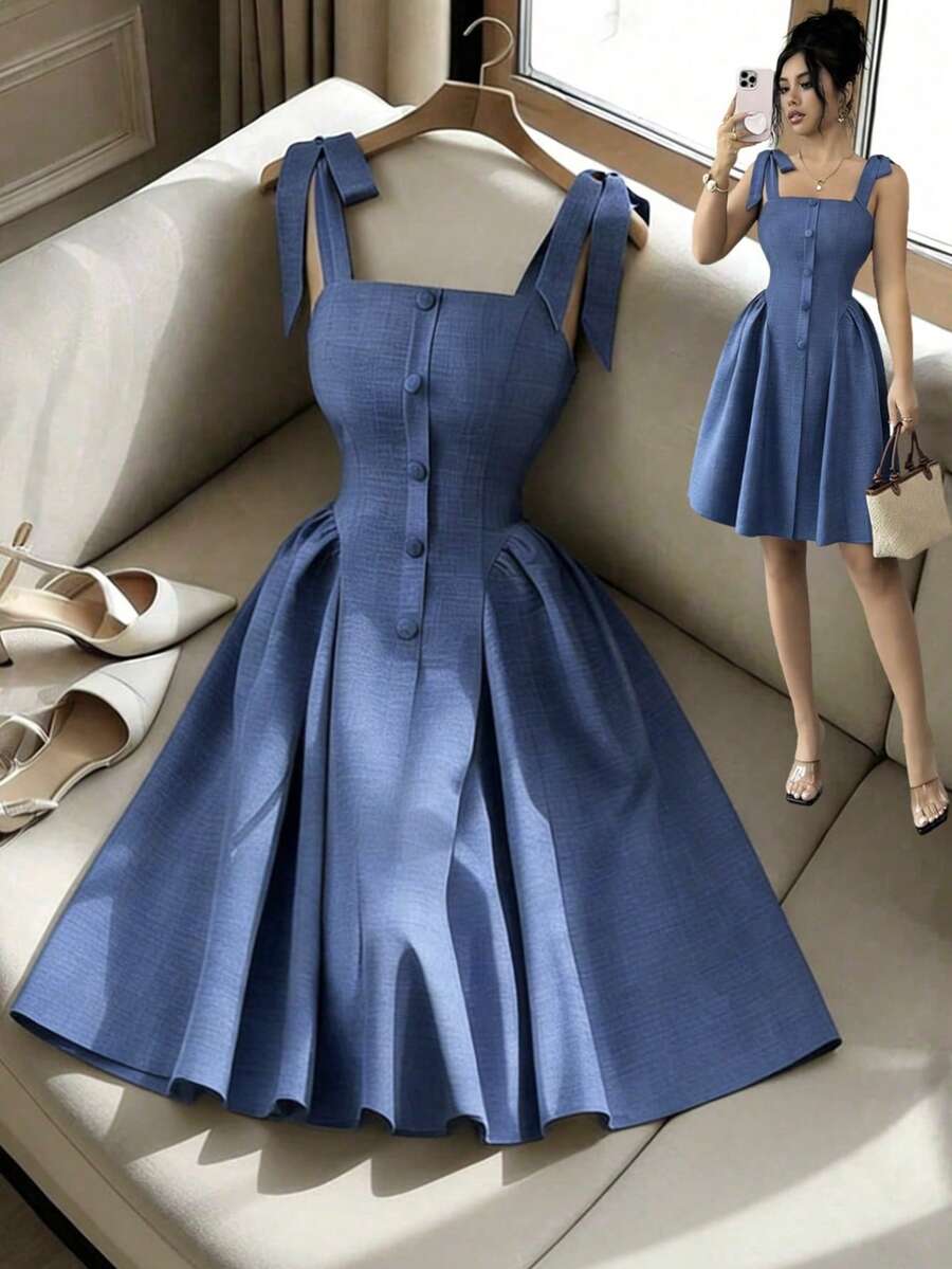 Elenzga Nuevo vestido corto elegante y versátil para mujeres con tirantes de hombro anudados, textura de tejido de dos tonos y ajuste ceñido para uso diario - Azul - Ver 1