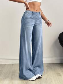 SHEIN Tall Front & Middle Patchwork Zebra Striped Washed Knit Wide Leg Jeans, Tall Women - Light Wash - View 5