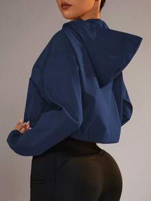 SHEIN Dewbera Zip-Up Hooded Drawstring Hem Sun Protection Jacket Crop Top Jacket Cropped Windbreaker Blue Jacket Cropped Zip Up Cropped Workout Jacket Hooded Jacket - Navy Blue - View 3