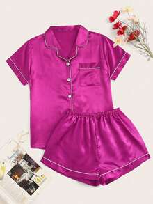 LuxeNights Conjunto de pijama de satén con ribete de contraste en color rosa neón - Rosa Fucsia - Ver 5
