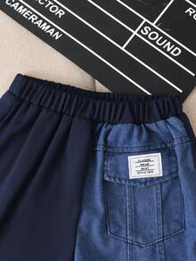 SHEIN 2pcs/Set Toddler Boys' Casual Fashion Denim Patchwork Pocket Short Sleeve Round Neck T-Shirt And Shorts Set, Suitable For Spring/Summer Casual, Outdoor, Daily Wear - Navy Blue - View 5