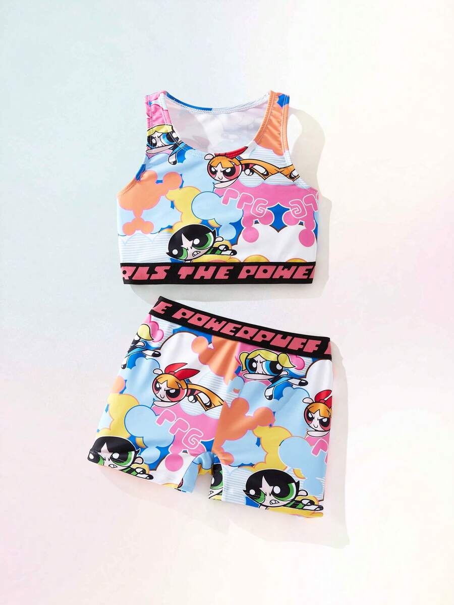THE POWERPUFF GIRLS X SHEIN Maija Kids Bộ đồ bơi 2 món in chữ hoạt hình cho bé gái, thích hợp cho mùa xuân/hè. - Nhiều màu - Xem 1