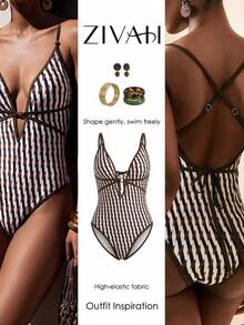 Zivah Traje de baño de una pieza con estampado de rayas, con lazo delantero y espalda descubierta, para vacaciones de primavera/verano 2026 - Marrón - Ver 9