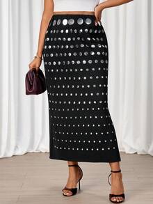 SHEIN Tall CURVE 加大码黑色简约日常半身裙，饰有圆形图案 - 黑色 - 查看 1