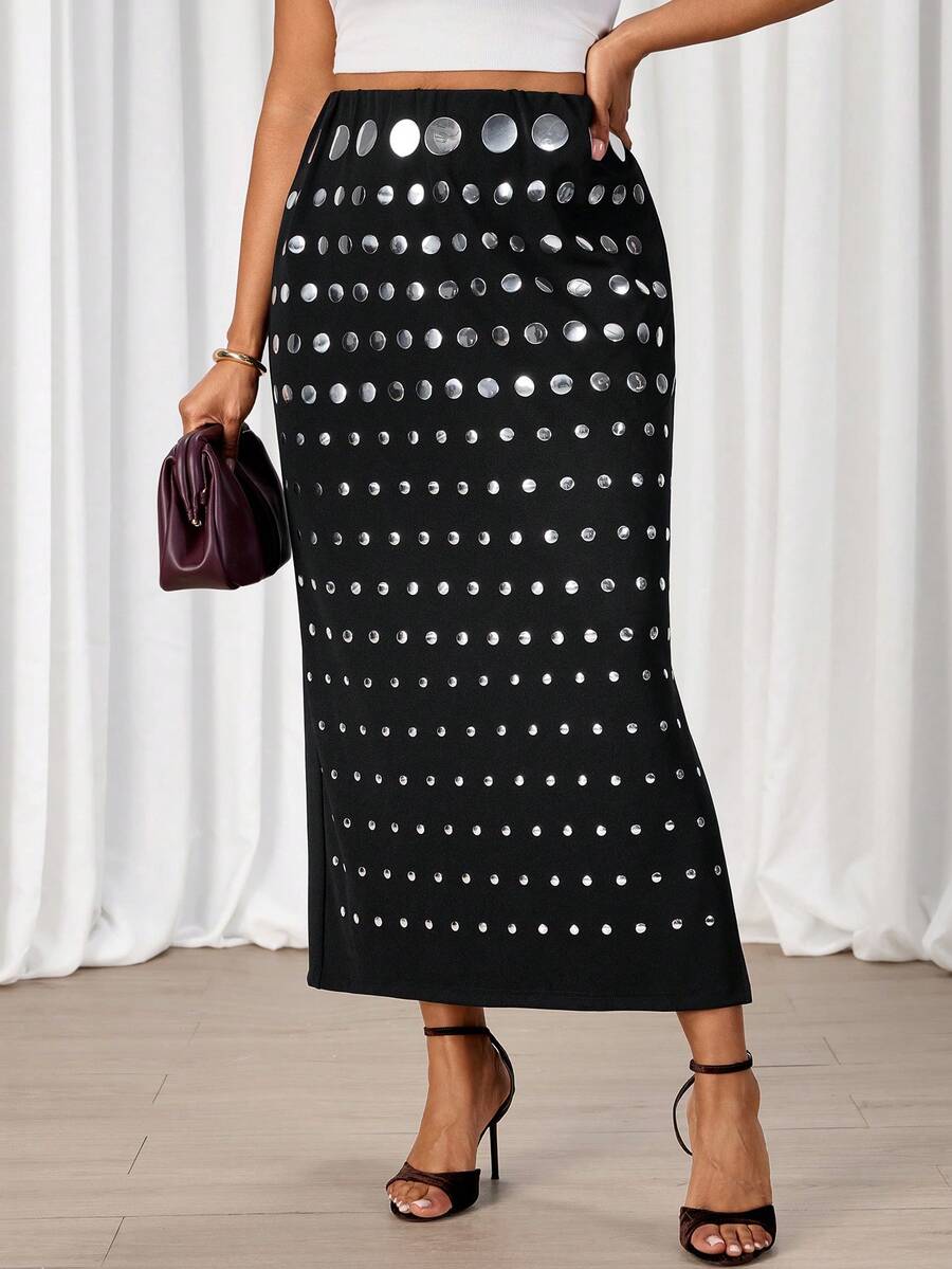 SHEIN Tall CURVE 加大码黑色简约日常半身裙，饰有圆形图案 - 黑色 - 查看 1