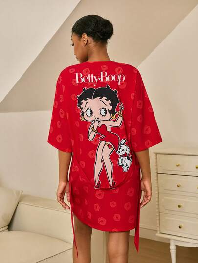 Betty Boop x SHEIN Women's Cartoon Lip Print Robe With Belt,