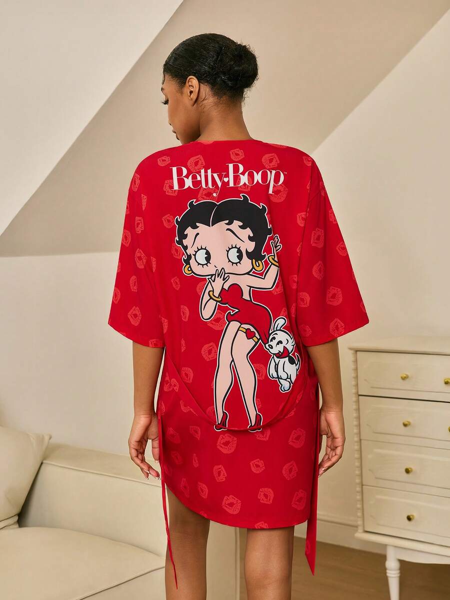 Betty Boop x SHEIN 女士卡通嘴唇印花睡袍，配腰带 - 紅色 - 查看 1