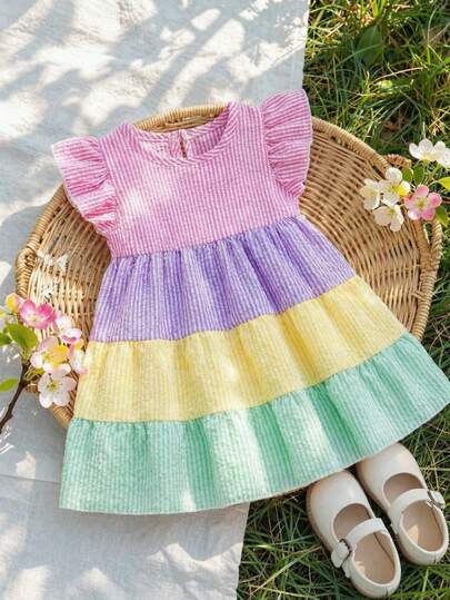 SHEIN Baby Girls' Fashion Striped Patchwork Colorful Dopamine Dress, Spring/Summer New Arrival