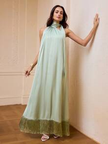 ZEYLAH Women's Solid Color Elegant Fringe Hem Dress - Green - View 5