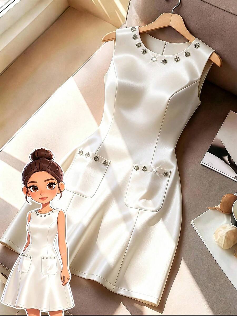 GlowEve CURVE Plus Size Women's Elegant White Summer Party Mini Dress, Rhinestone Floral Round Neck Sleeveless Pocketed A-Line Luxury High Quality Outfits - Apricot - View 1