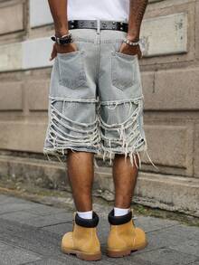 Manfinity EMRG Quần short denim nam màu xanh dương, kiểu dáng thường ngày, kẻ sọc, rách gấu. - Rửa nhẹ - Xem 2