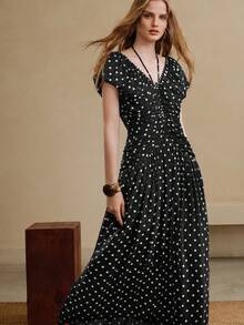 Arave Damen V-Ausschnitt Rüschenärmel Polka Dot Digital Muster Chiffon Kleid, elegant für Dates - Schwarz - Übersicht 1