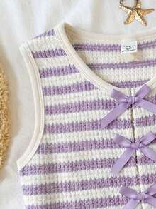 SHEIN Bộ đồ cơ bản 2 mảnh cho bé gái tuổi teen, gồm áo croptop không tay và quần short rộng, màu nâu trắng kẻ sọc, thích hợp cho kỳ nghỉ xuân/hè. - Màu tím - Xem 5