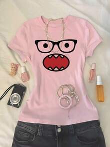 BM Style Fitted Knit Crew Neck Short Sleeve Crop Top, Monster Expression Print, Suitable For Teenage Girls In Spring/Summer, Can Be Paired With Jeans - Hot Pink - View 2