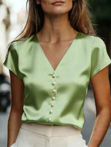 Women's Solid V-Neck Satin Pearl Button Fitted Elegant Short Sleeve Blouse - Green - View 1