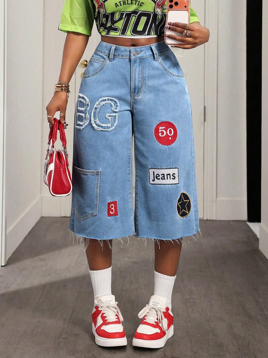 BamGleam Damen Jeans mit ausgefranstem Saum, bestickter Tasche und weiter Passform - Mittele Waschung - Übersicht 1