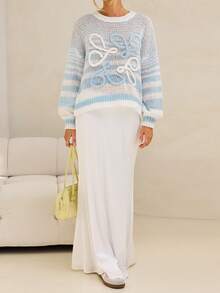 Forever 21 Áo len dệt kim sọc xanh trắng thường ngày, dài tay - Xanh và trắng - Xem 5