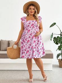 Plussiva Umstandskleid in Große Größen mit Blume Muster, Bindedetail und Volantärmeln - Pink - Übersicht 7