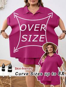 SHEIN CURVE+ Curve 尺码 US22 音乐节、海滨度假、波西米亚休闲纯色衬衫短裤套装 - 玫紅色 - 查看 10