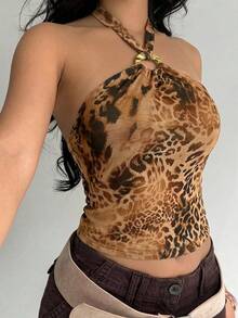 Aloruh Áo tank top nữ gợi cảm hở lưng, cổ yếm, phong cách Bohemian, chất liệu vải lưới in họa tiết động vật phối kim loại, thích hợp cho các lễ hội âm nhạc, kỳ nghỉ biển, dạo phố hàng ngày, mang đến vẻ quyến rũ. - màu nâu - Xem 1